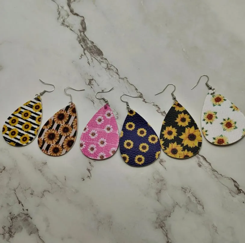 Dangle Chandelier High Quality Sunflower Printed Faux Leather Teardrop Earrings Colorful Layered Flower Pattern Water Drop Earrings Creative Gifts