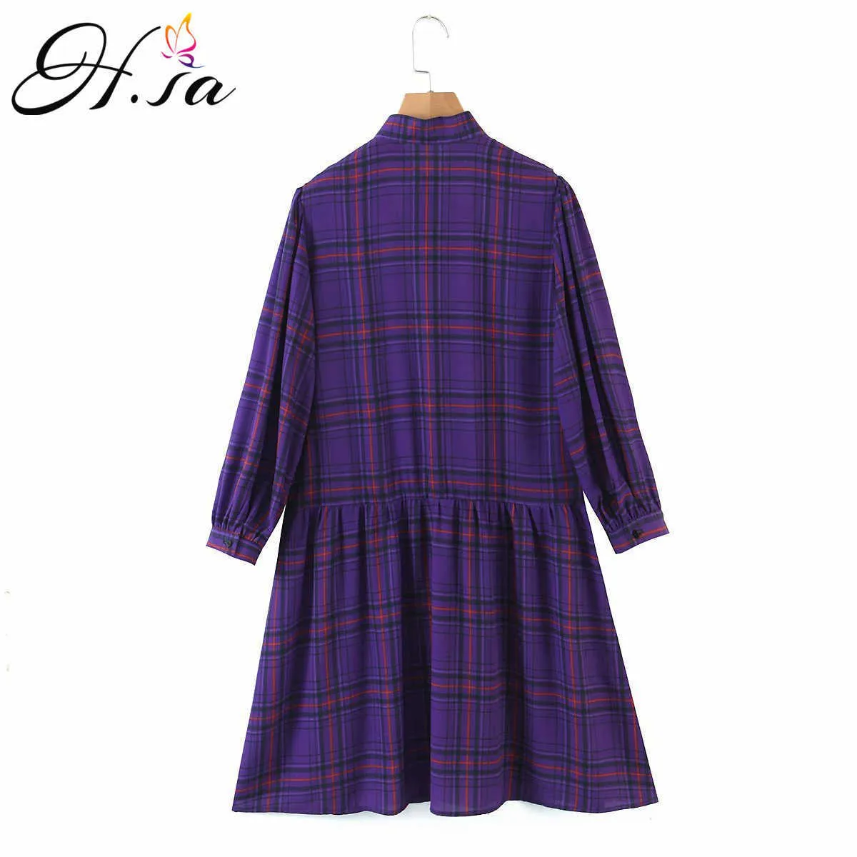H.SA femmes printemps robes à carreaux à manches longues taille haute robes droites nœud noué cou violet chemise robe coton robes 210716