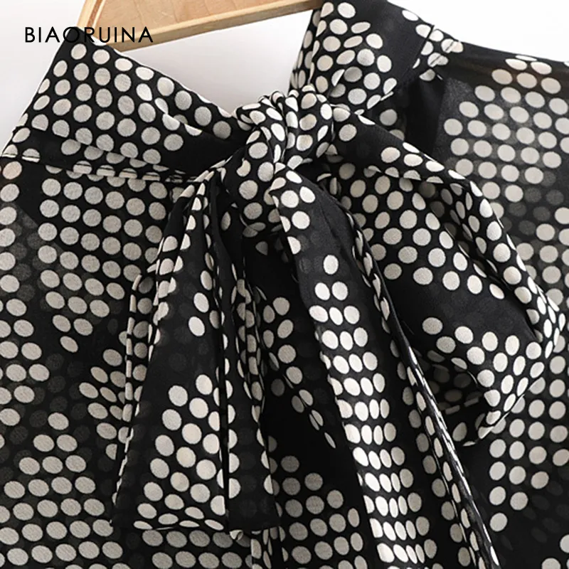 Biaoruina Polca Moman Dot Plaid Impresso camisa casual solta colar gole de gravata borboleta de mangas compridas elegante blusa de outono Spring top 210226