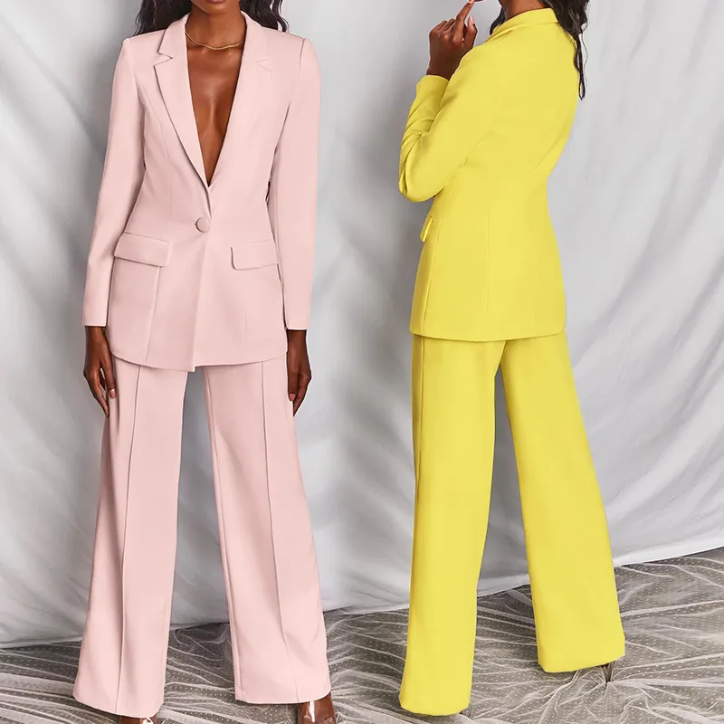 Duas peças feminino blazer terno sexy elegante mulher jaqueta e calças feminino blazer rosa amarelo chique roupa feminina senhoras de escritório