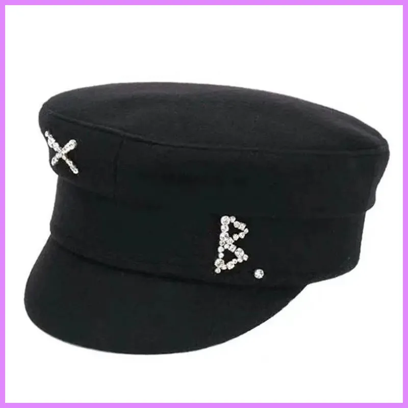 Luxus Designer Strass bestickt Wolle Tweed Herbst Winter Marine Hüte Mädchen Bailey Flat Top Cap Frauen Herren Caps Casquette D2112033F