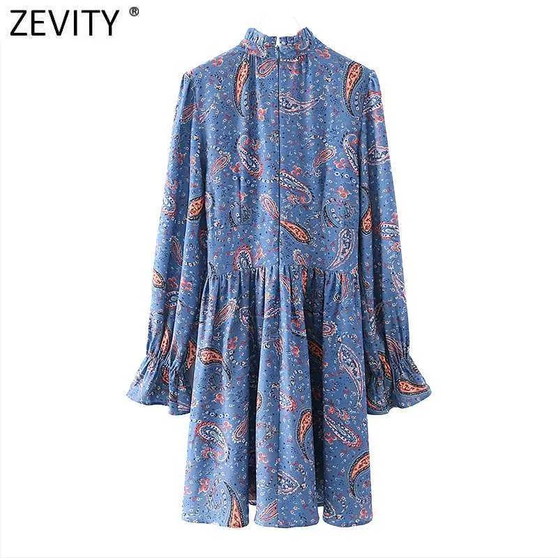 Zevity Women Vintage Ruffled Collar Cashew Nuts Print Casual Mini Dress Female Lace Up Vestido Chic Agaric Lace Dress DS4803 210603
