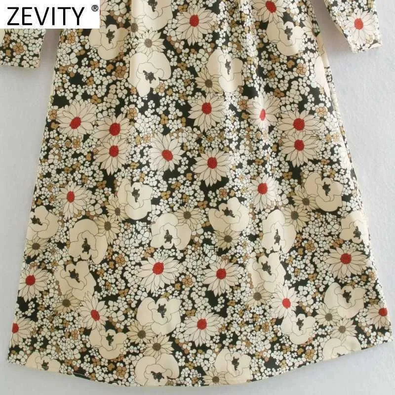 Zevity Women Vintage O Neck Flower Print Back Buttons Midi Sukienka Samica Plagi Puff Sleeve Casual Slim Line Vestido DS4988 210603