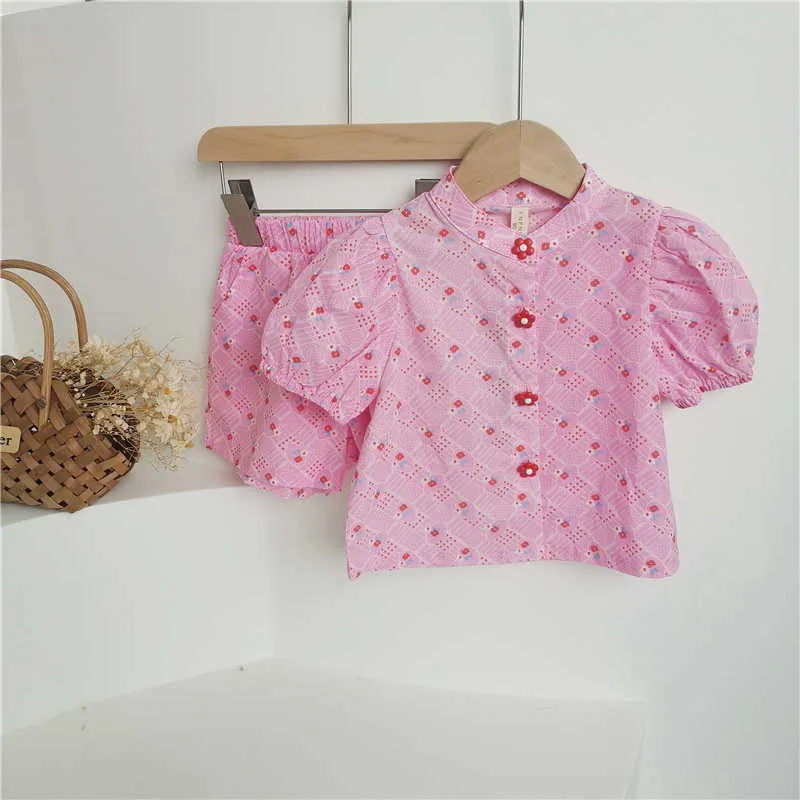 Estilo coreano verão crianças meninas 2-pcs conjuntos azul rosa floral sleevers camisas + shorts cute crianças roupas E032 210610