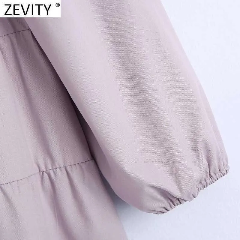 ZEVITY Frauen Französisch Stil Solor Elastische Falte Gerade Mini Kleid Damen Puff Sleeve Vestido Chic Casual Kleider DS8325 210603