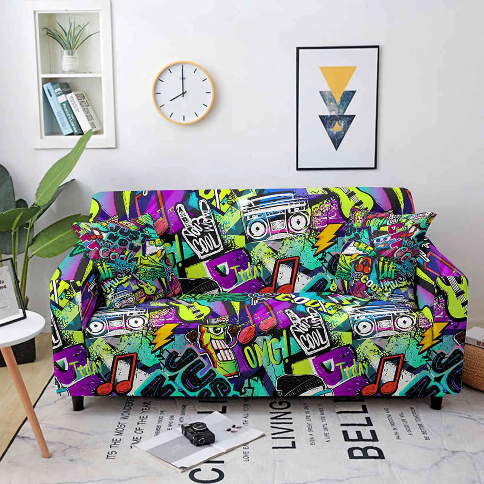 Graffiti Gedrukt Sofa Covers voor Woonkamer Elastische Slipcover Stretch Sectional Couch Cover Protector 1/2/3/4 Seater 211116