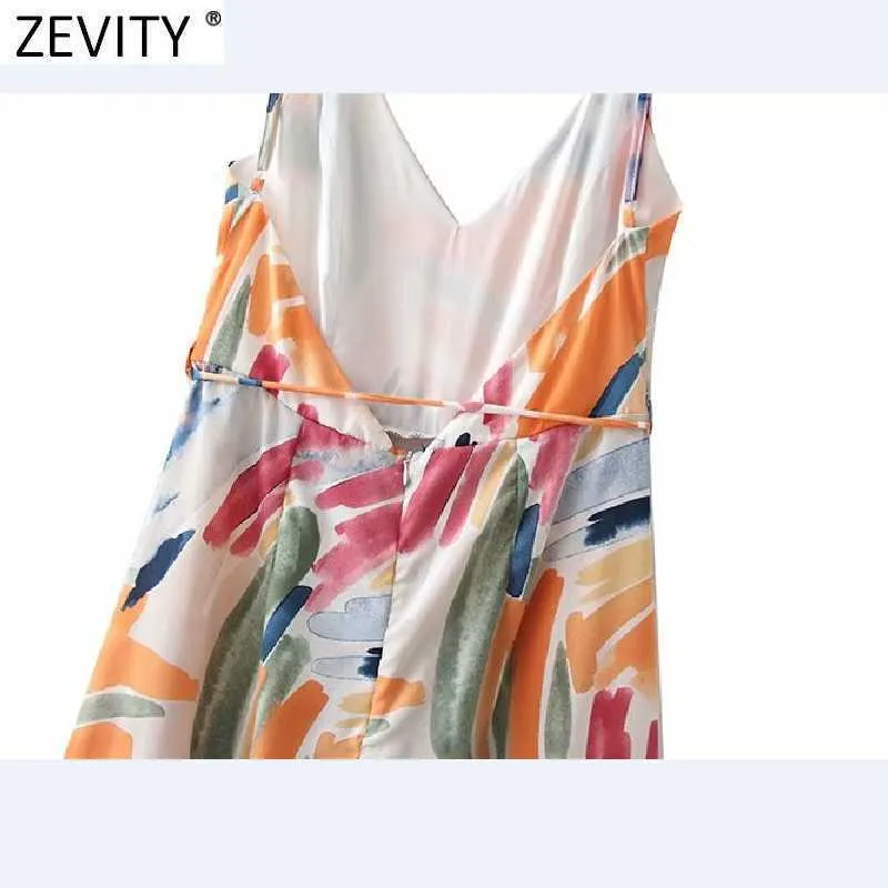 Zevity Women Vintage Color Graffiti Print Wide Leg Calf Length Jumpsuits Chic Female Lace Up Zipper Casual Summer Rompers P1120 210603