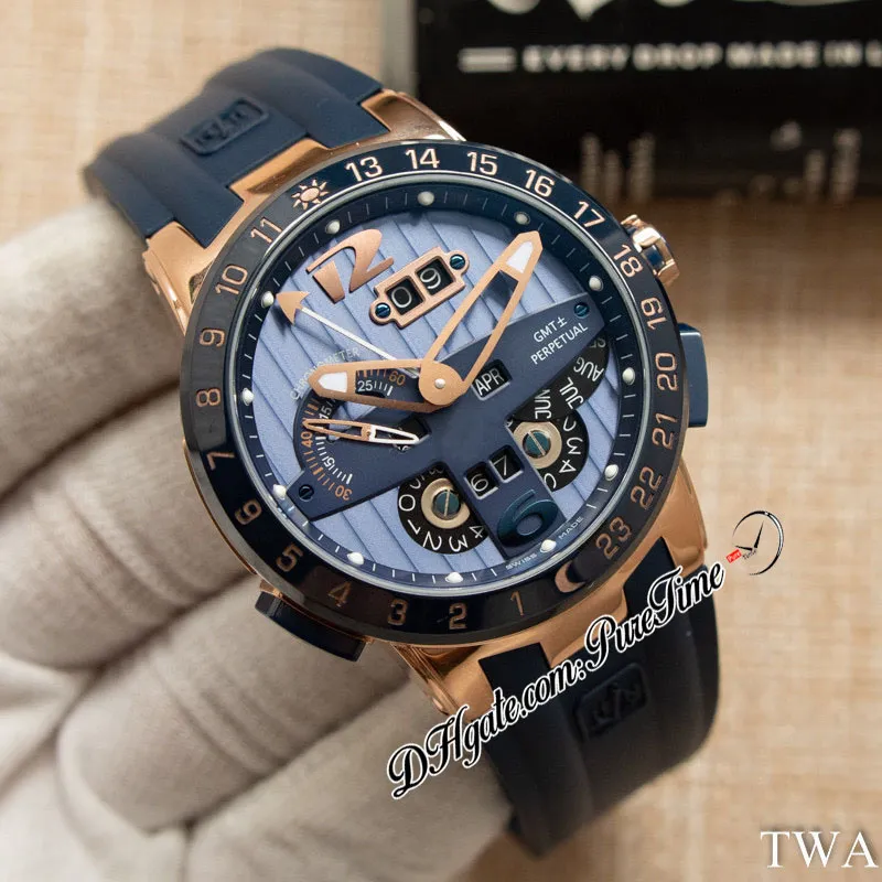 TWAF Executivo El Toro UN-32 Relógio Masculino Automático GMT Calendário Perpétuo Rosa Ouro Azul Texturizado Mostrador Pulseira de Borracha 326-01LE-3 Supe188E