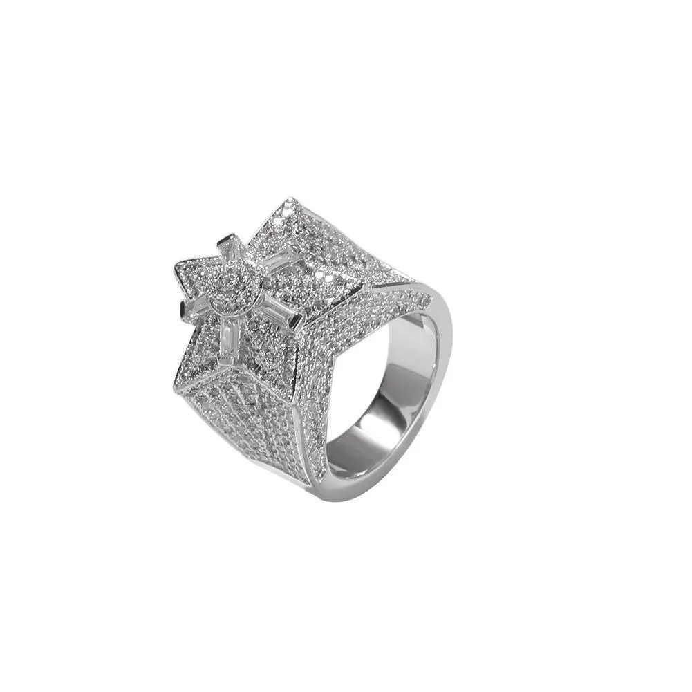 Micro Pave Iced Кубический цирконий Iced Out Star Кольца для мужчин и женщин Золотое кольцо в стиле хип-хоп Обручальное кольцо с бриллиантами Jewelry327F