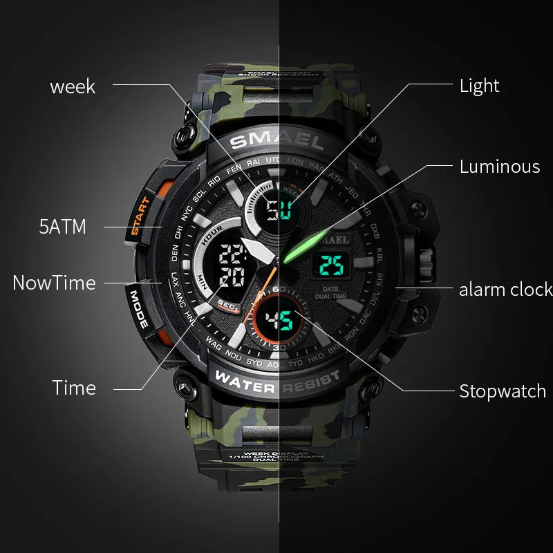 SMAEL Camouflage Militair Horloge Heren Waterdicht Dual Time Display Heren Sport Horloge Digitaal Analoog Quartz Horloges Man 1708 210333O