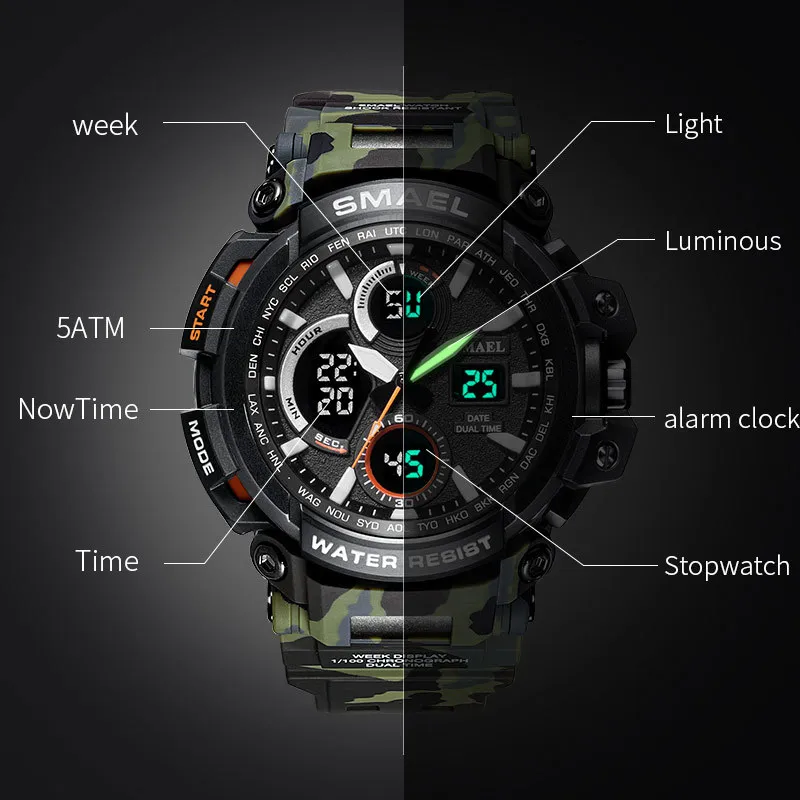 SMAEL Camouflage militaire montre hommes étanche double affichage de l'heure hommes Sport montre-bracelet numérique analogique montres à Quartz mâle 1708 210333O