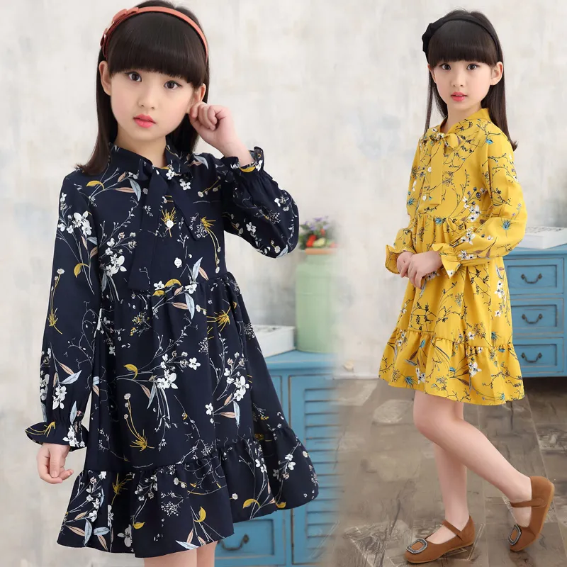 Zwy411 automne fille robe à manches longues enfants vêtements robes florales 2-10 ans fille vestidos enfant jaune robe coréenne 210303