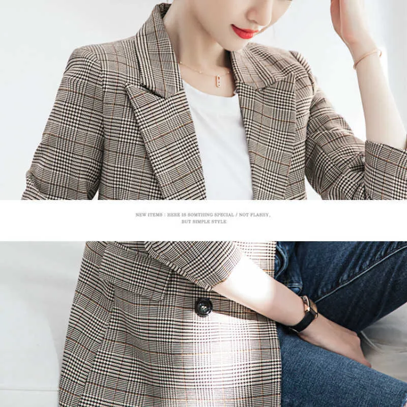 女性のブレザーの女性のジャケット高品質のカジュアルチェックレディーススーツエレガントな長袖コートオフィス210527