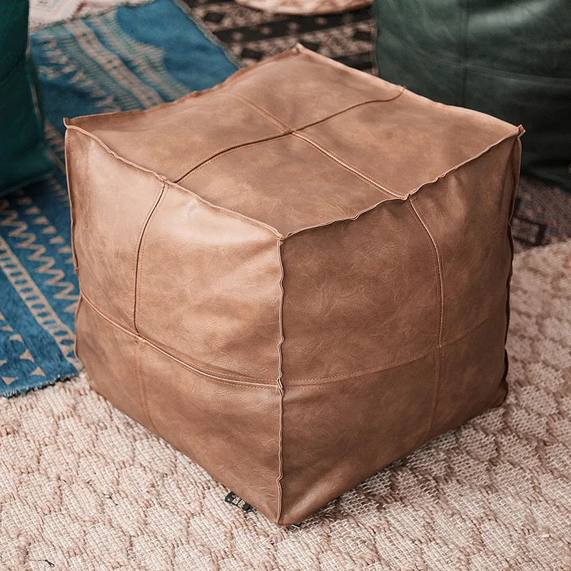 Pouf marocchino in pelle PU ricamato artigianale semplice divano ottomano poggiapiedi grande cuscino non imbottito in pelle artificiale da 45 cm