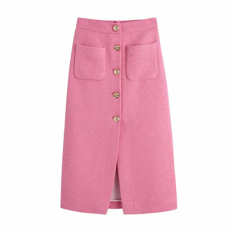 Kobiety Różowy Zapinany na guziki Textured Spódnica Za Vintage Wysoka Talia Front Slit Casual Midi Spódnice Kobieta Chic Powrót Zip Spódnica Spódnica 210602