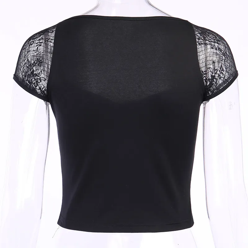 Instahot Lace Splice Camiseta Sem Mangas Mulheres Crop Top Verão Sexy Atadura Bodycon T Shirt Casual Gothic Streetwear Tee Top 210310