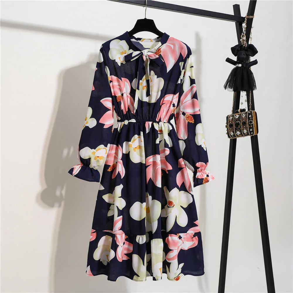 Moda Za Coreano Estilo Camisa Verão Vestido Mulheres Partido Red Chiffon Vintage Dot Floral Manga Longa V Neck Plissado Escritório Praia Es 210706