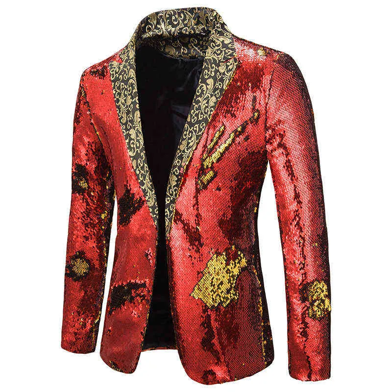 Luxury Gold Sequin Glitter Jacket Men Slim Fit Notched Lapel Blazer Jacket Mens Nattklubb Stage Sångare Blazers Kostym Homme 211120