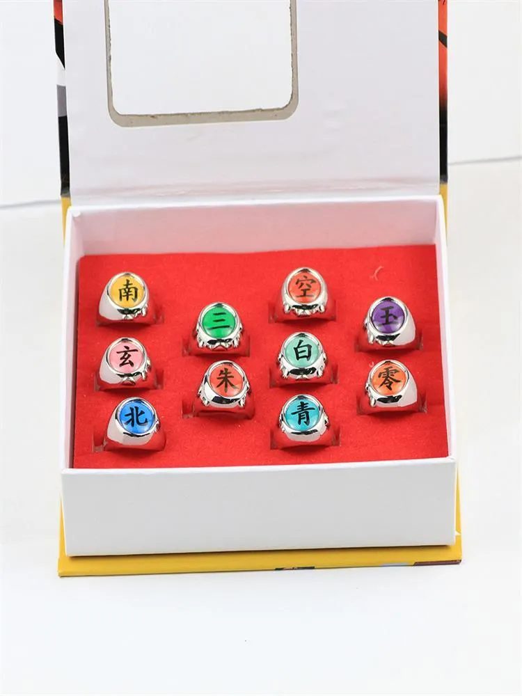 10 pièces Naruto anneaux Akatsuki Uchiha Itachi Orochimaru anneau de membre ensemble dans la boîte accessoires cadeau 210310296m