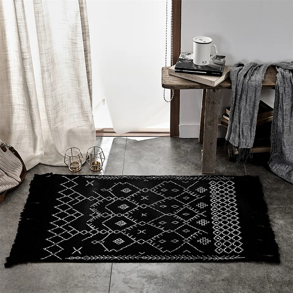 Style Ethnique Tissé À La Main Noir Tapis Géométrique Imprimé Coton Tapis Pour Salon Tapis De Chevet Vintage Tapis Chambre Gris 210301