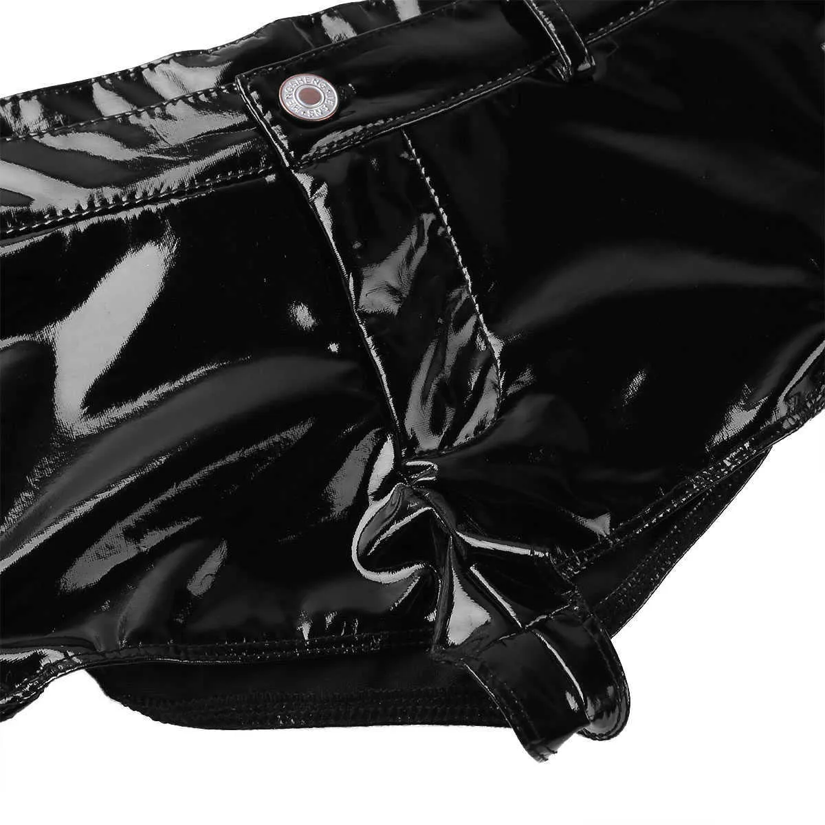 ブラックレディース光沢のある革のショートパンツ低層ポールダンスラテックスショーツクラブウェアレイブセクシーパンティージッパーミニブーツ210719