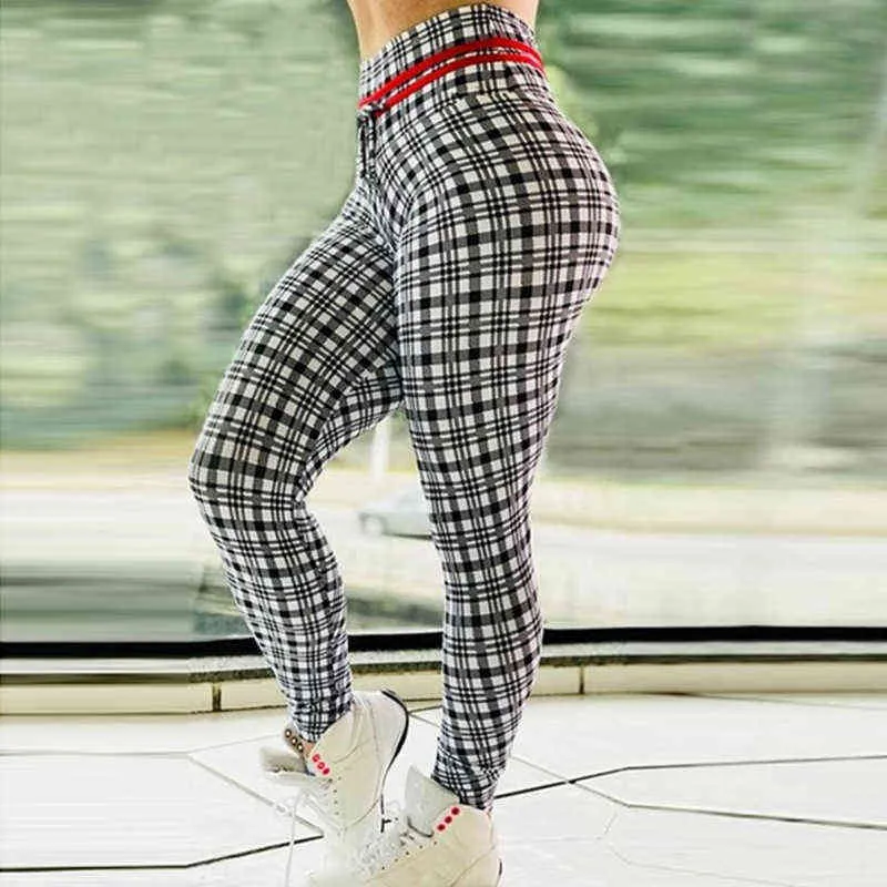 BlackArachnia Spandex 8% Leggings da allenamento ad alta elasticità le donne Push Up Legging Plaid Stampa Pantaloni Abbigliamento sportivo da donna casual 211130