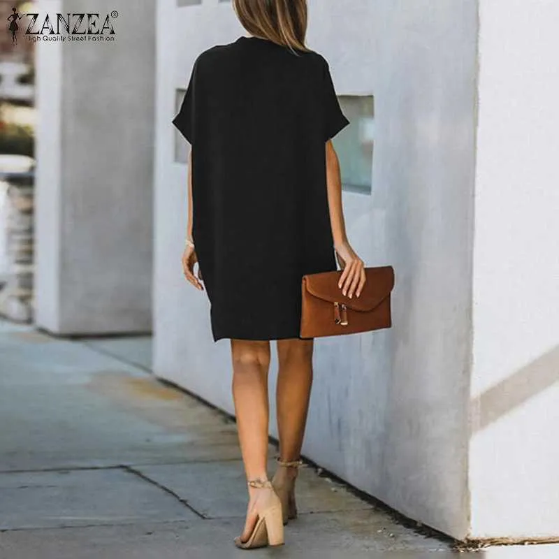 2021 ZANZEA Women Dress Summer Fashion Short Sleeve Knee Length Vestidos Casual Solid Ladies Sundress V-neck Oversized Work Robe Y1006