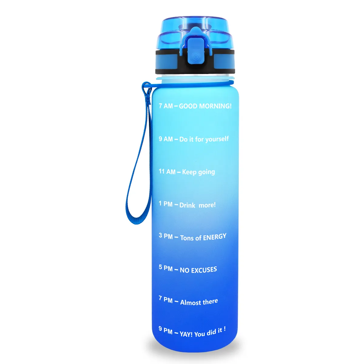 Botella de agua Quifit a prueba de fugas Tritran sin BPA con marcador de tiempo motivacional Flip-Flop para garantizar beber suficiente diariamente