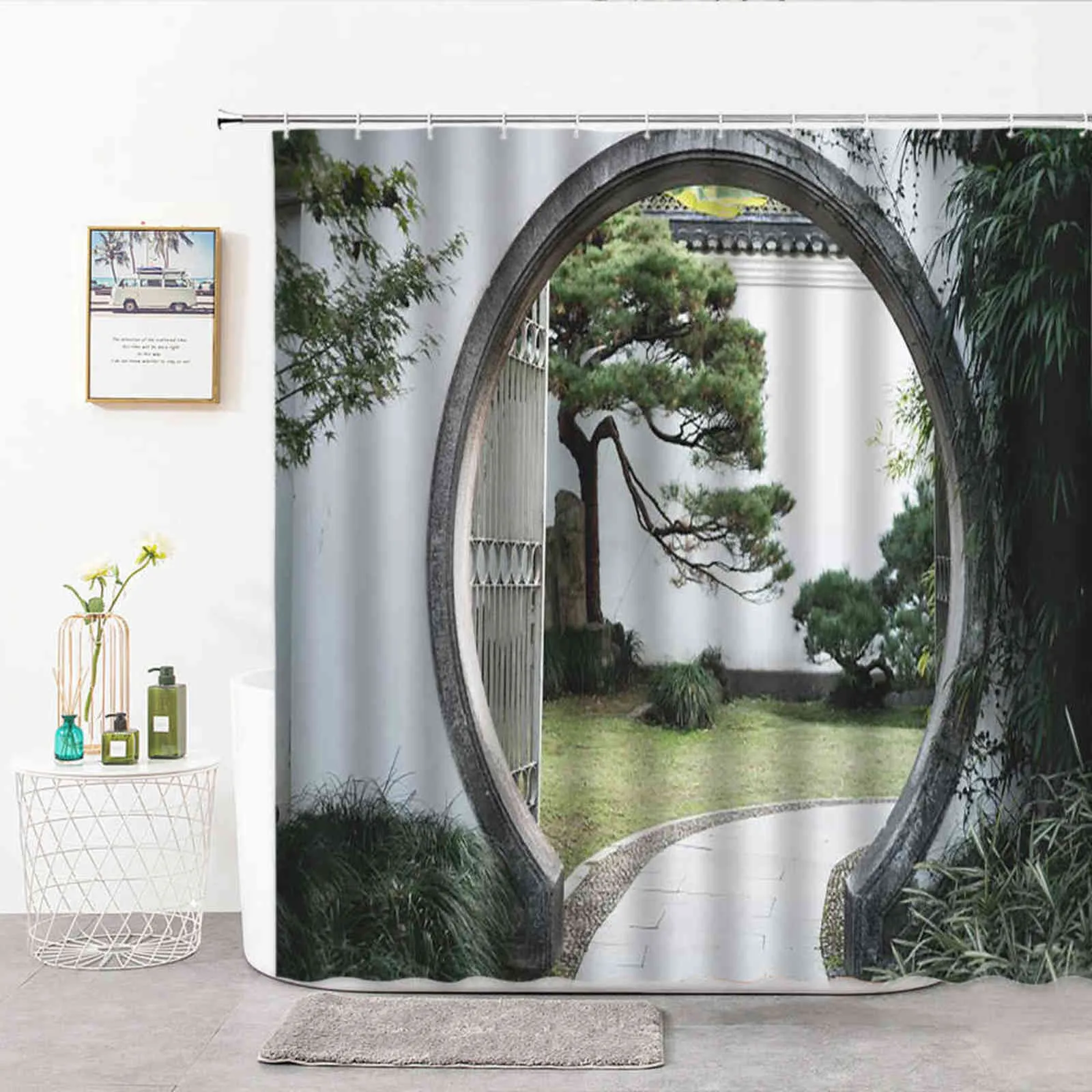 Chinês moon gate chuveiro cortinas paisagem jardim impresso banheiro cortina poliéster pano cortina de banho para decoração do banheiro 211116