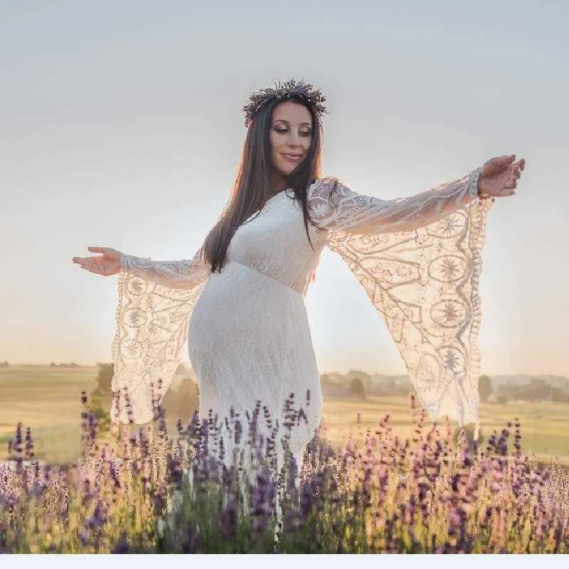 Maternità maniche svasate abiti da sposa sparare foto puntelli vestiti donne incinte gravidanza maxi abito di pizzo sirena vestito da partito Q0713