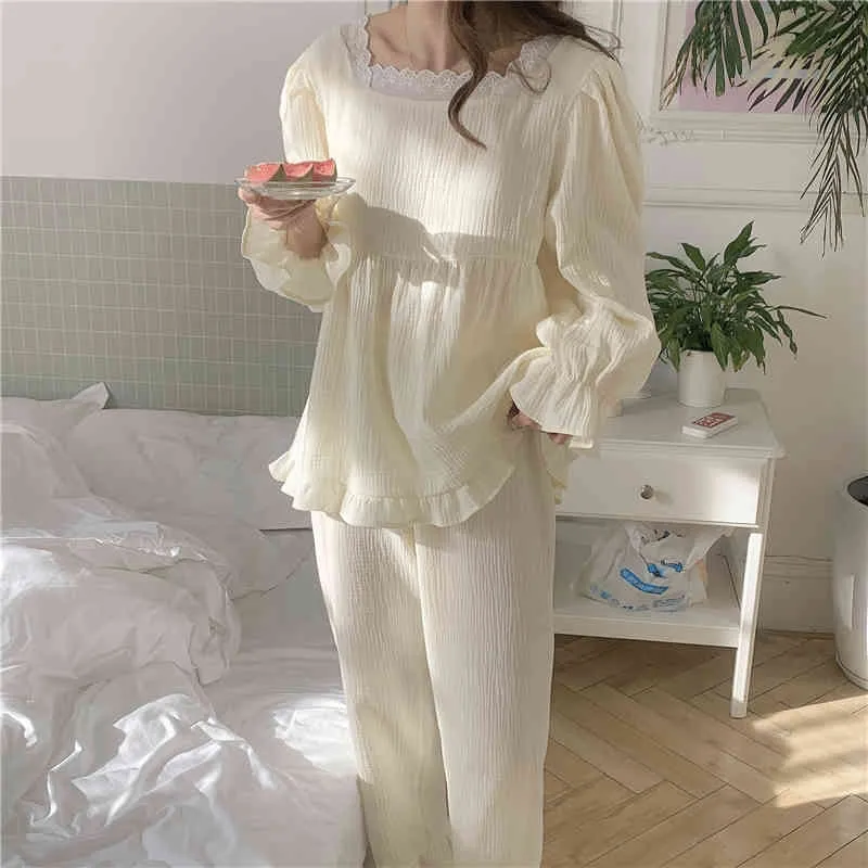 快適な堅実な女性の学生甘いシックなゆるい綿のファッション長袖の寝室ホームウェアパジャマスーツ210525