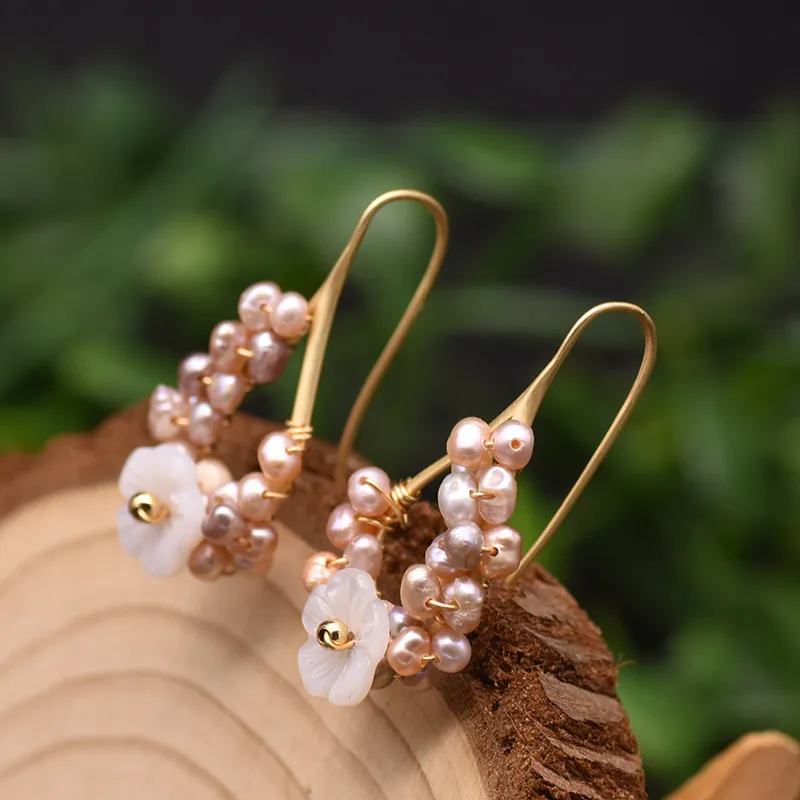 Perle d'eau douce naturelle rose violet Boho balancent fleur boucles d'oreilles pour femmes cadeaux mariage goutte boucle d'oreille bijoux fins accessoires