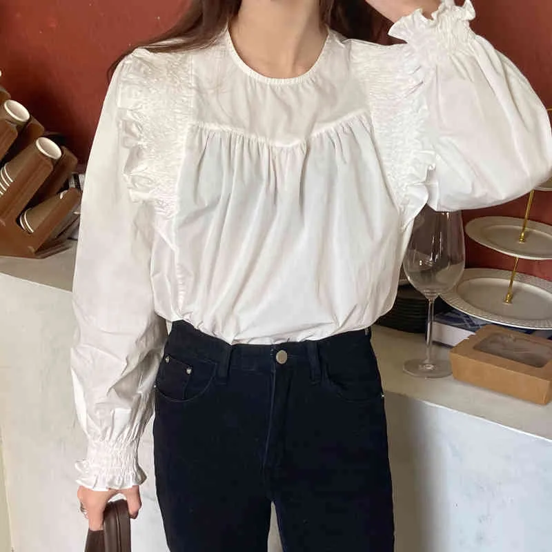 Chic White Streetwear Vintage Tops Ruffles Hoge Kwaliteit Retro Sweet Sweet All Match OL Mode Meisjes Blouses 210525