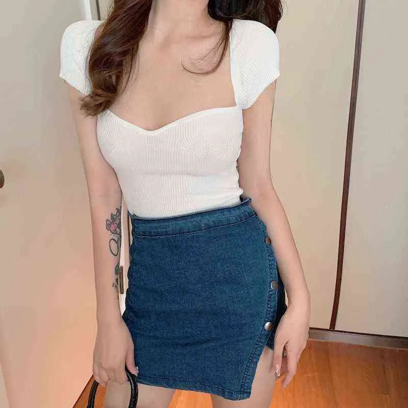 Летняя женская футболка корейский стиль тонкий вязание тройник топы твердого цвета с коротким рукавом сексуальная футболка женщина G220228