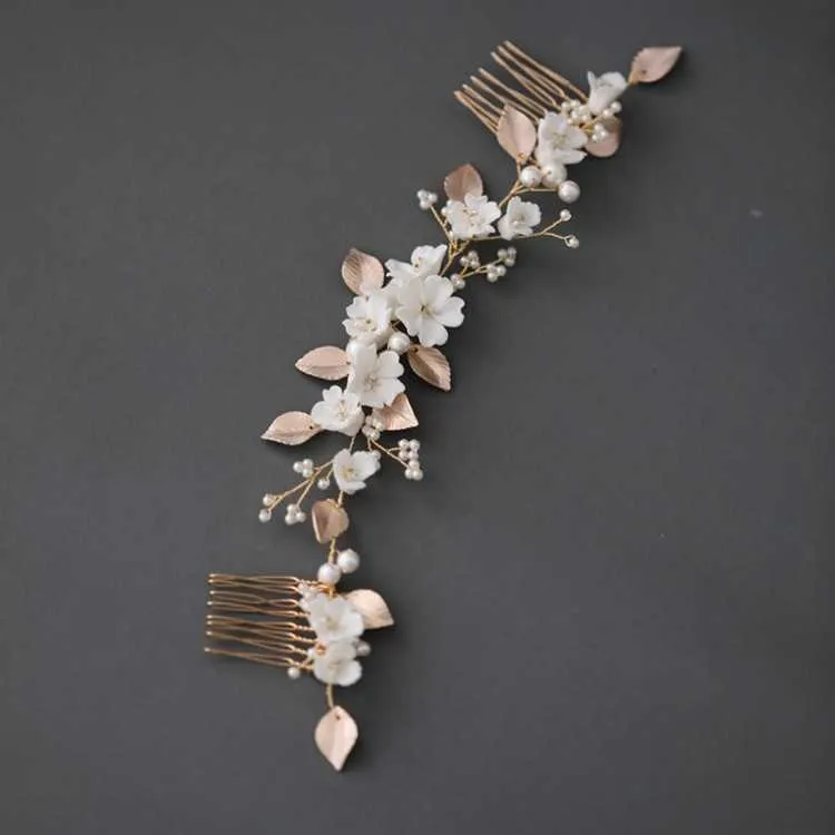 Gold Leaf Bridal Long Comb Hair Piece White Porcelain Flower Wedding Prom Accessories Hair Combs Women Headpiece X0726