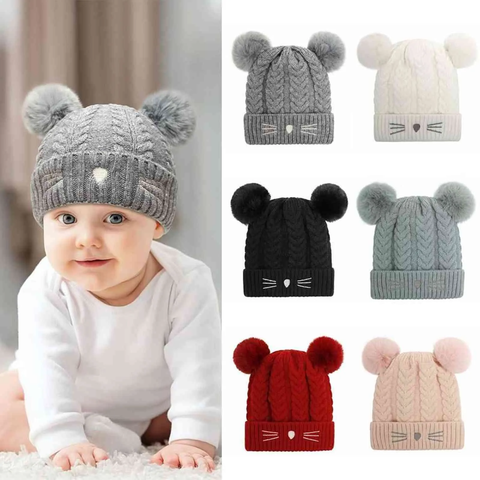 Boys Girls Wool Knit Hats for Baby Warm Knitted Cap Toddler Pom Beanie Winter Hat Ski Hat Y21111