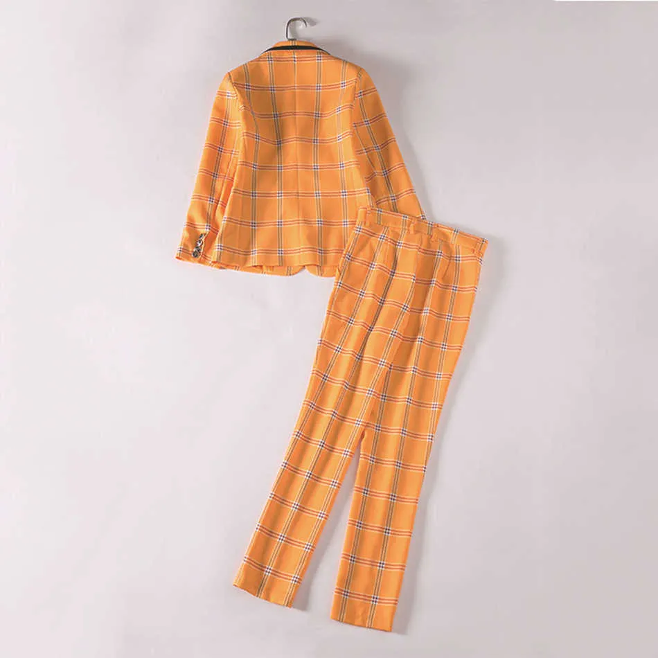 Elegancka Plaid Orange Damska Kurtka Kurtka Długie Rękaw Office Casual Spadek Lato Dwukierak 210527