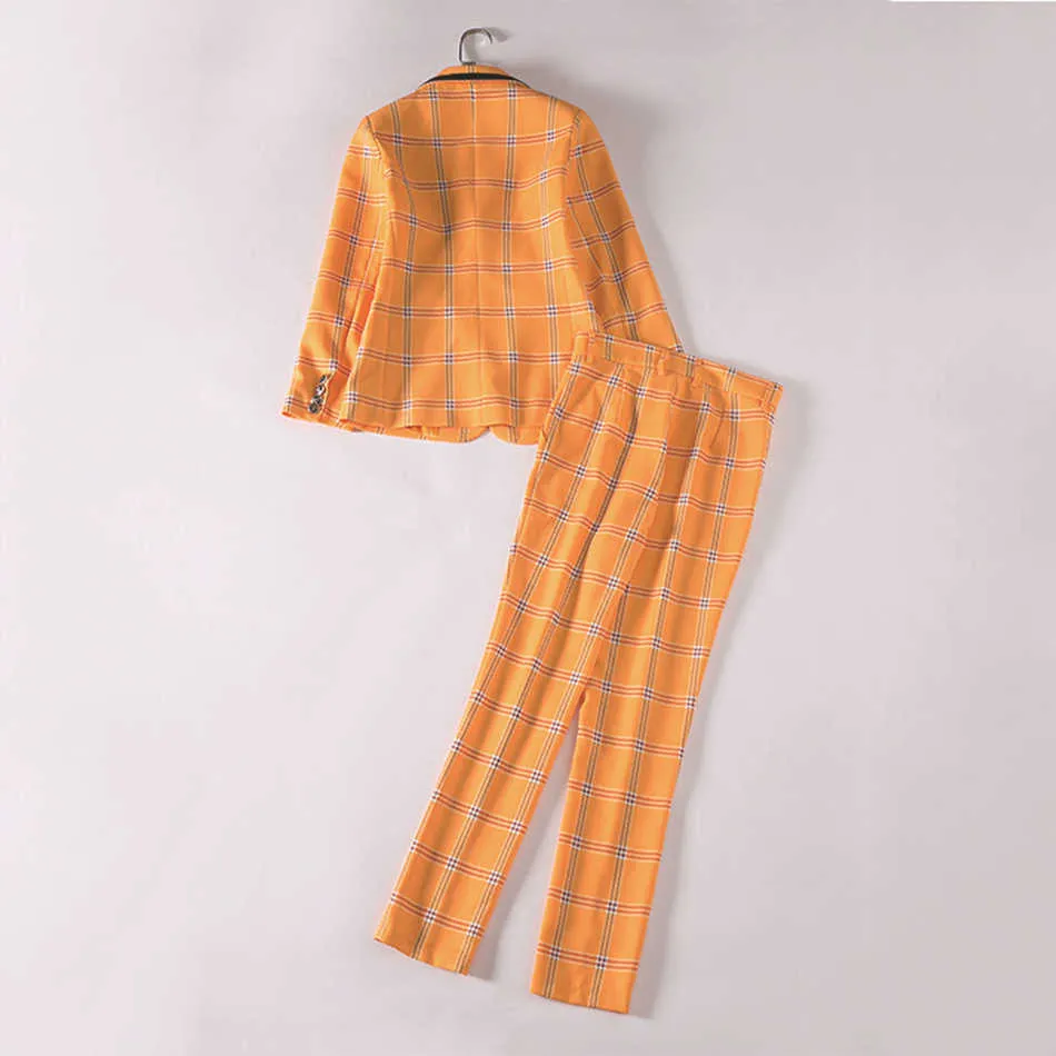 Elegant Plaid Orange Ladies Suit Jacket Long Sleeve Office Pants Casual Fall Summer Two-piece 210527