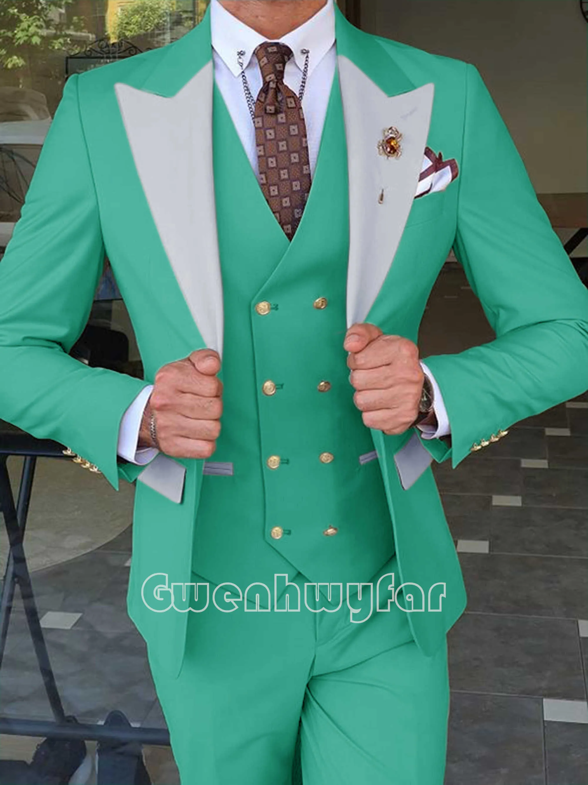 Gwenhwyfar Custom Made Classique Peach Groom Tuxedo Groomsmen Or Boutons Châle Revers Meilleur Homme Costume De Mariage Blazer Costume X0909