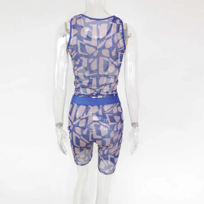 Beyprern Schönes, durchsichtiges, bedrucktes Netz-Shorts-Set, zweiteilige Anzüge, neues Damen-durchsichtiges Netz-Crop-Top und passendes Set Clubwears Y0702