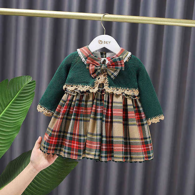 Baby Girl Spanish Dresses for Children Lolita Princess Ball Gown Infant Vintage Plaid Boutique Dress with Knitted Cardigans G1129