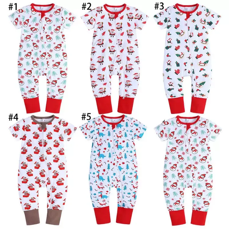 Summer Christmas Baby Rompers Cute Newborn Kids Girl Casual Short Sleeve Long Pants Santa Claus trees snowman printed zipper Jumpsuits toddler clothing