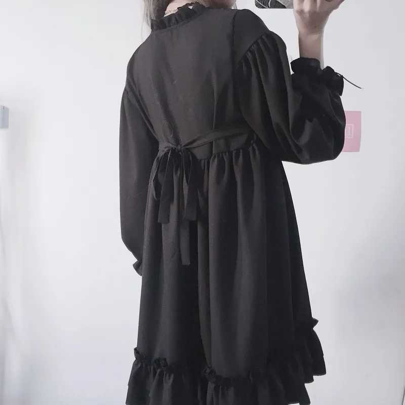 Woherb Japonês Gótico Verão Chiffon Dress Mulheres Vintage Bow Bandage Bandage Black Lolita Vestidos Vestidos Robe Femme 21664 210309