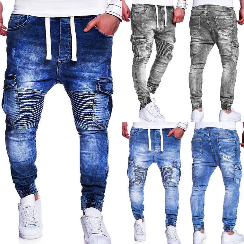 Moda giovanile da uomo estiva semplice moda casual Multi tasca con lacci pieghettati design dei jeans da uomo X0621