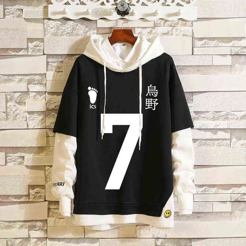 2021 Haikyuu !! Shoyo Hinata Hoodies Karasuno Volleyboll Kostym Tobio Kageyama Sweatshirt Vuxen Unisex Hooded tröja kläder H1227