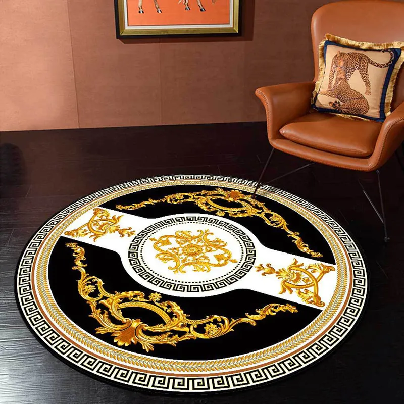 Lyxig matta vardagsrum svart vit guld europeisk geometrisk etnisk stil runda mattor till sovrum dekor hem stol matta 220301