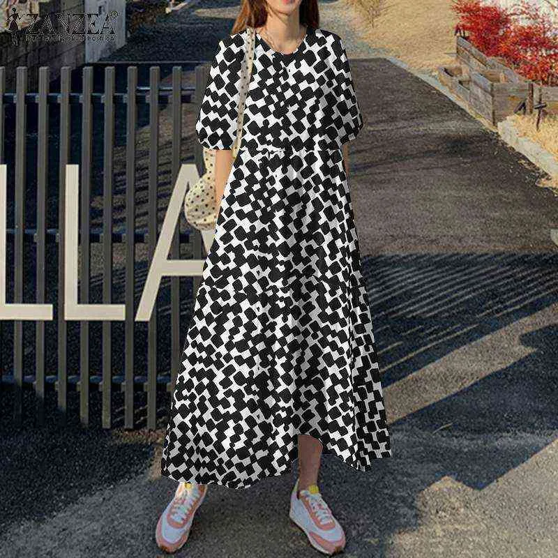 ZANZEA Elegant Women Plaid Dress Autumn Checked Robe Baggy Ruffle Beach Vestidos Casual Half Sleeve Kaftan Grid Printed Sundress Y1204