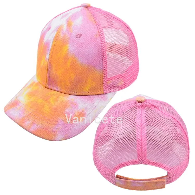 Articles de fête Tie-dye Ponytail Chapeaux 6 couleurs Mesh Hollow Messy Bun Casquette de baseball Trucker Hat Fast Send T2I52478