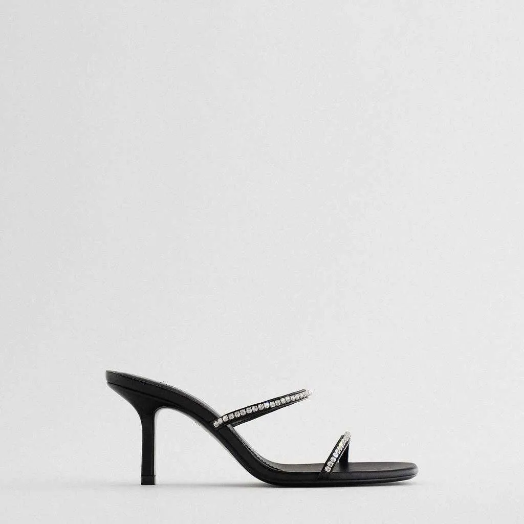 LMCAVASUN Chaussures pour femmes Tête carrée noire Accessoires strass Sandales à talons hauts Y0721