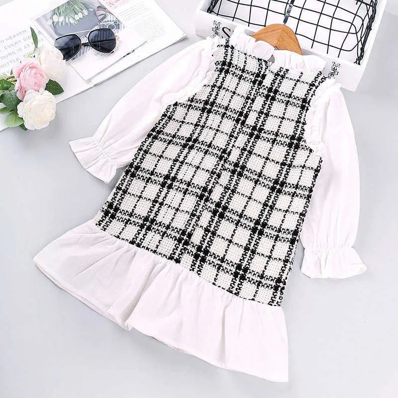 Kızlar Elbise Moda Çocuk Giyim Sonbahar Avrupa Amerikan Ruffles Sahte Cebi Bebek Bebek Yaka Uzun Kollu Prenses 210625